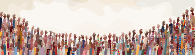 Many black skin African American men women children seniors  group hand raised on colored background copy space. Black history month concept banner poster. Racial equality.Mixed age range